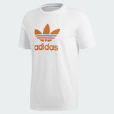 Adidas Trefoil T-Shirt Men's in white, front view showing the large orange Trefoil logo centrally printed on the chest.